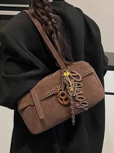 Retro Women Underarm Bag Suede Textured Shoulder Bag Adjustable Strap Vintage Commuter Handbag Elegant Lady Bag Pendant