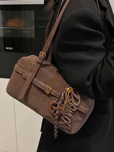 Vintage brown underarm shoulder bag with stylish charms for women's autumn winter fashion