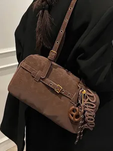 Vintage brown underarm shoulder bag with decorative Blanog letter charms for women