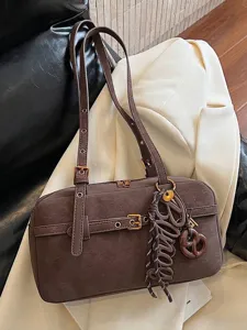 Vintage brown textured underarm shoulder bag for women with unique decorative charms