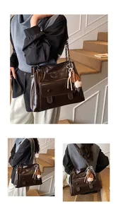 Close-up detail views of a dark brown glossy vintage leather tote bag with chain strap