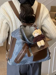 Vintage PU Leer Grote Capaciteit Tote Tas Voor Vrouwen Kleurblokkering Multifunctionele Schoudertas Crossbody Tas Rugzak
