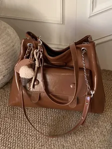 Vintage brown faux leather large capacity tote bag with ice cream charm for women