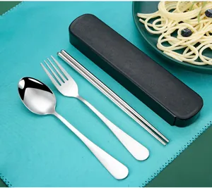Portable stainless steel cutlery set featuring spoon, fork, chopsticks and black case