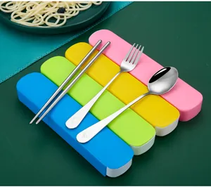 Detail view of portable stainless steel cutlery set with smiley face and colorful cases