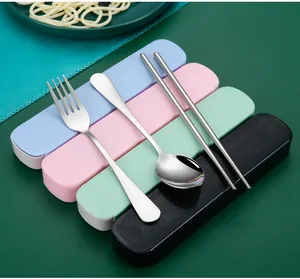 Detailed view of stainless steel fork, spoon, and chopsticks with colorful cases