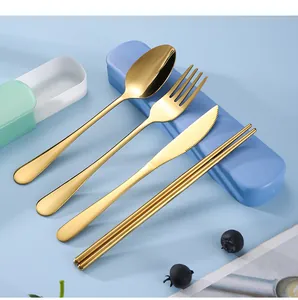 Detailed view of gold stainless steel cutlery set with portable blue travel case