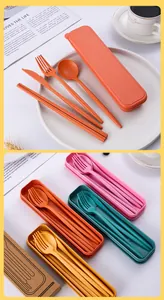 Portable wheat straw cutlery set with fork, knife, spoon, and chopsticks in four colors