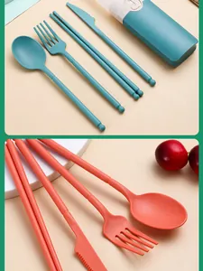 Close-up of wheat straw cutlery set showing textured spoon, fork and chopsticks
