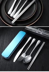 Portable stainless steel cutlery set including knife fork spoon and blue storage box