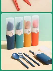 Portable wheat straw cutlery sets in multiple colors including cases, spoon, fork, and knife