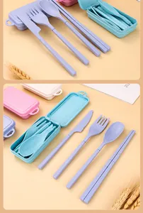 Detail view of portable wheat straw cutlery set including fork, spoon, knife, and chopsticks