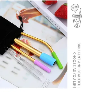 Detail view of 304 stainless steel straw set with colorful silicone tips and brushes