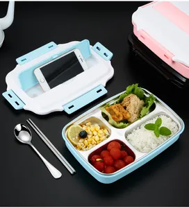 Detail of 304 stainless steel lunch box with 4 compartments and phone holder lid