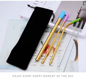 Detailed view of 304 stainless steel straw set with colorful silicone tips and pouch.