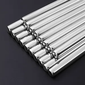 Premium reusable 304 stainless steel Korean style square chopsticks with a glossy finish