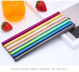 A vibrant set of high-quality 304 stainless steel straws in seven assorted metallic colors
