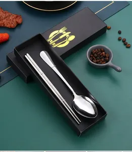 Portable stainless steel spoon and chopsticks cutlery set in a black gift box