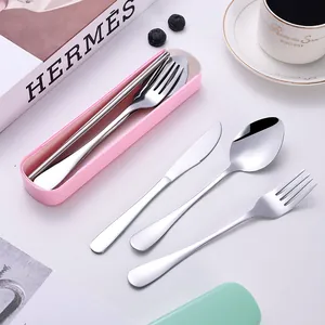 Premium portable stainless steel cutlery set including knife fork spoon and pink storage case