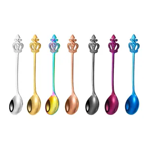 Elegant 304 stainless steel coffee spoons with crown design in 7 vibrant colors