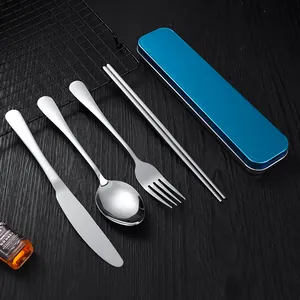 Portable stainless steel cutlery set with blue storage box for outdoor travel and office