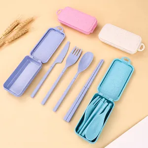 Portable Wheat Straw Folding Tableware Set Eco Friendly Dinnerware Fork Spoon Chopsticks Knife Set With Storage Box For Travel School Outdoor Picnic