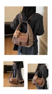 Multi-angle view of vintage brown large capacity backpack and shoulder bag for women