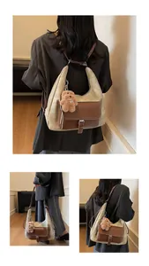 Multi-angle view of large beige canvas and brown leather convertible backpack tote