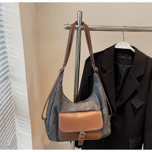 Large capacity grey canvas and brown leather hobo shoulder bag for stylish women