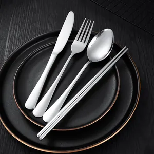 Portable 4-piece stainless steel cutlery set including knife, fork, spoon, and chopsticks