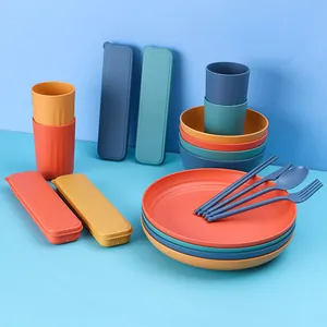 Complete eco-friendly 32pcs wheat straw dinnerware set with bowls, plates, cups and cutlery
