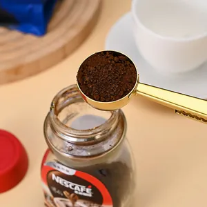 Cuchara medidora de café 2 en 1 de acero inoxidable dorado con clip para bolsas