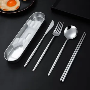 Portable stainless steel cutlery set with storage box for travel and office