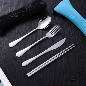 Portable Stainless Steel Flatware Set Mirror Polished Travel Outdoor Tableware With Pouch Fork Spoon Knife Chopsticks