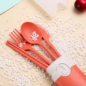 Portable eco-friendly wheat straw cutlery set including fork, spoon, knife, and chopsticks