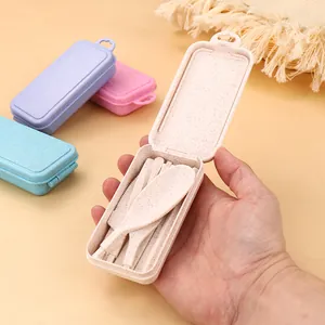 Eco-friendly wheat straw portable cutlery set including spoon, knife and chopsticks in a case