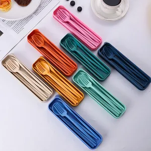 Colorful portable wheat straw cutlery set including fork spoon knife and chopsticks