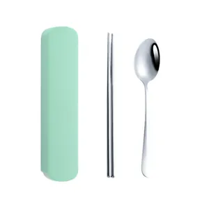 Portable stainless steel cutlery set with spoon, chopsticks and mint green box