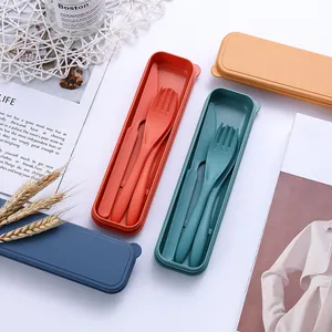 Eco-friendly portable wheat straw cutlery set including knife fork and spoon in travel case