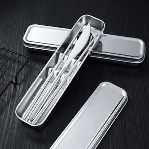 Portable stainless steel cutlery set with storage box for students and office workers