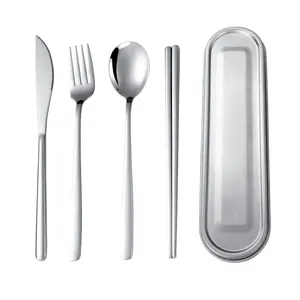 Portable 304 stainless steel cutlery set including spoon fork chopsticks and case