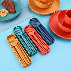 Wheat straw portable cutlery set including spoon fork and chopsticks in storage cases