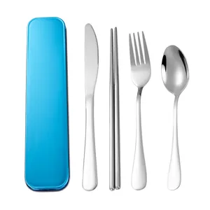 Portable stainless steel cutlery set with a blue storage box, 4-piece travel utensils set