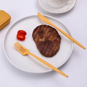 Portable eco-friendly wheat straw cutlery set in yellow including a knife and fork on a white plate.
