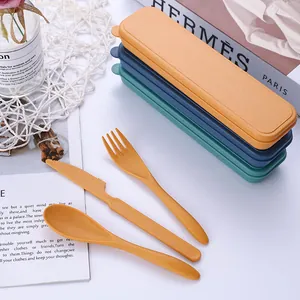 Eco-friendly wheat straw cutlery set with portable case for outdoor travel dining