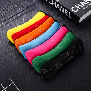 Set of colorful neoprene portable cutlery pouches for outdoor travel and picnics