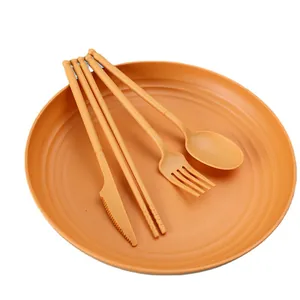 Eco-friendly wheat straw tableware set with plate fork spoon knife and chopsticks