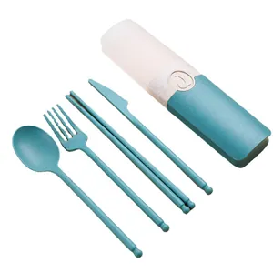 Portable wheat straw cutlery set with reusable fork, spoon, knife, and chopsticks