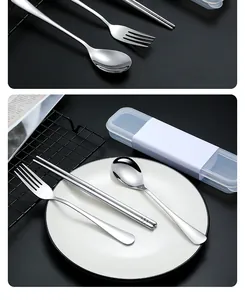 High-quality 304 stainless steel cutlery set with portable case on white plate detail