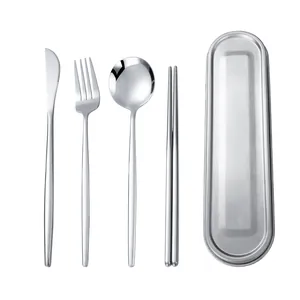 Portable 4-piece stainless steel cutlery set with metal storage box for travel